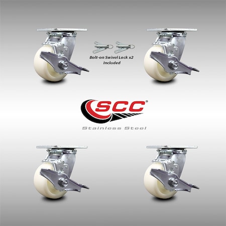 Service Caster 4 Inch Stainless Steel Nylon Caster Set with Roll Bearings 4 Brake 2 Swivel Lock SCC-SS30S420-NYR-TLB-BSL-2-TLB-2